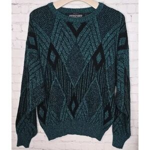 Vtg 80's Green Diamond Pattern Mens Crewneck Pullover Knit Sweater Sz L